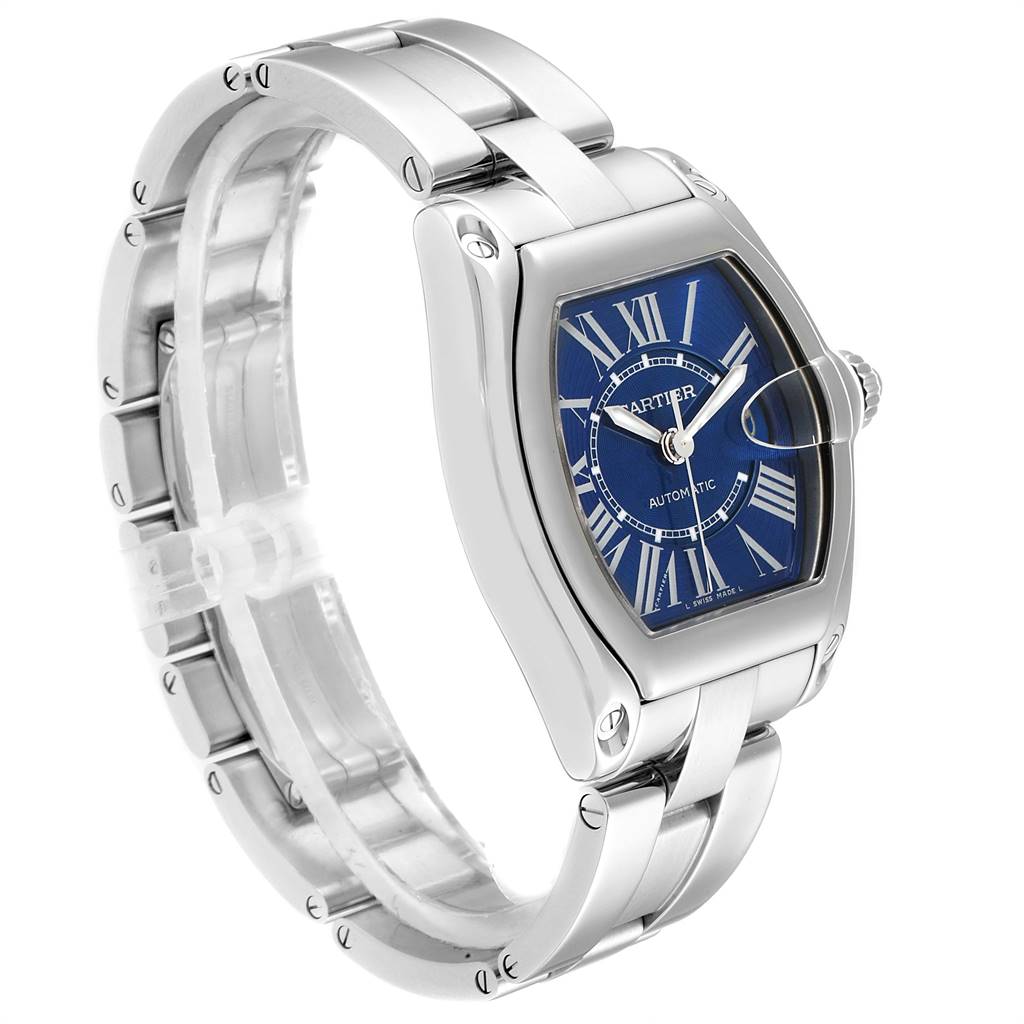 The image shows a side angle view of the Cartier Roadster W62048V3 Men's Stainless Steel Blue Dial W62048V3 Men's Stainless Steel Blue Dial watch, featuring its blue dial and stainless steel bracelet.