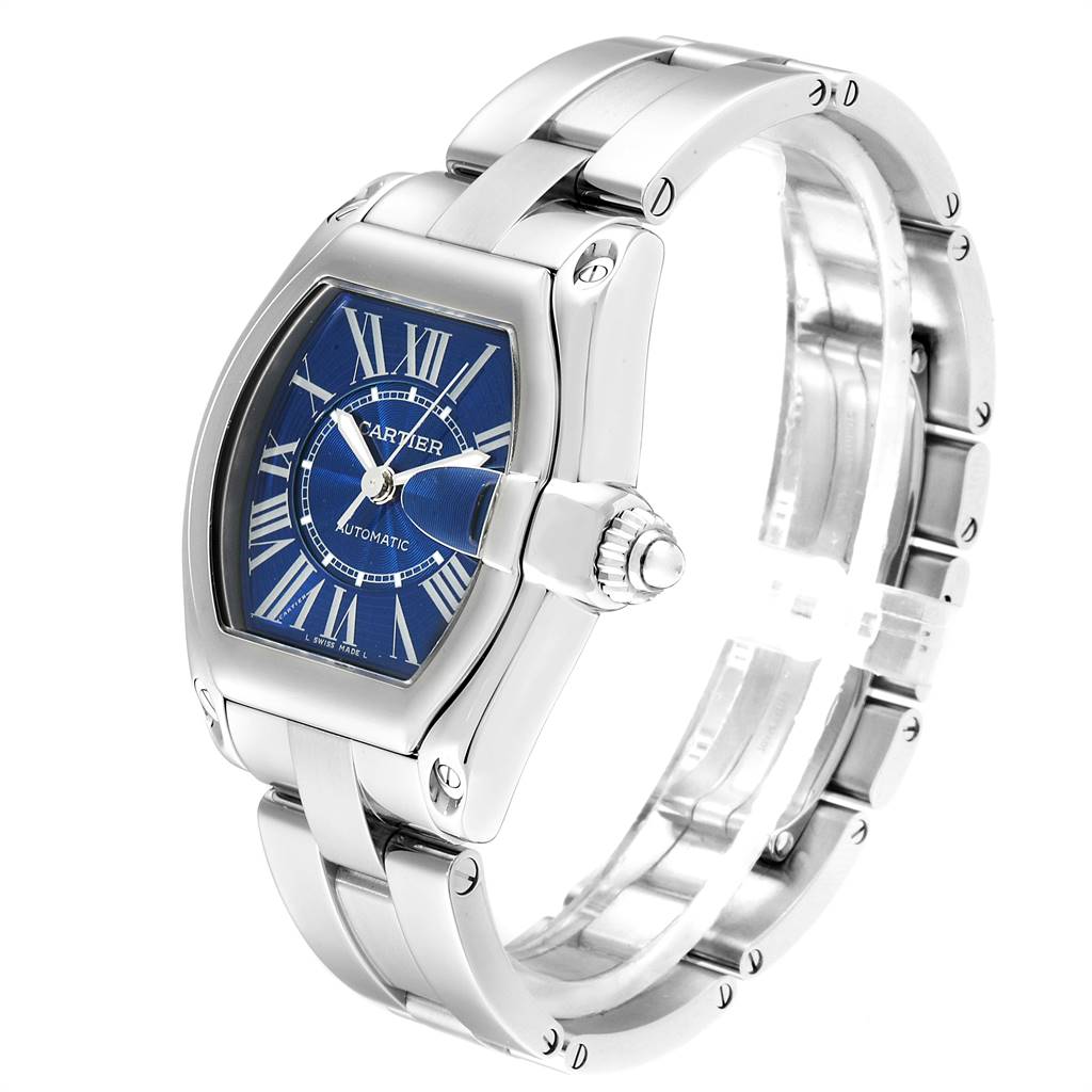 The Cartier Roadster W62048V3 Men's Stainless Steel Blue Dial W62048V3 Men's Stainless Steel Blue Dial watch is shown at a three-quarter angle, highlighting its blue dial, crown, and metal bracelet.