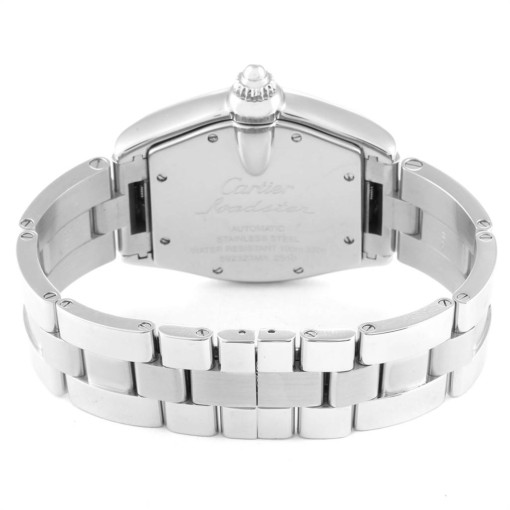 This image shows the back and bracelet of the Cartier Roadster W62048V3 Men's Stainless Steel Blue Dial W62048V3 Men's Stainless Steel Blue Dial watch, highlighting the stainless steel construction and clasp.