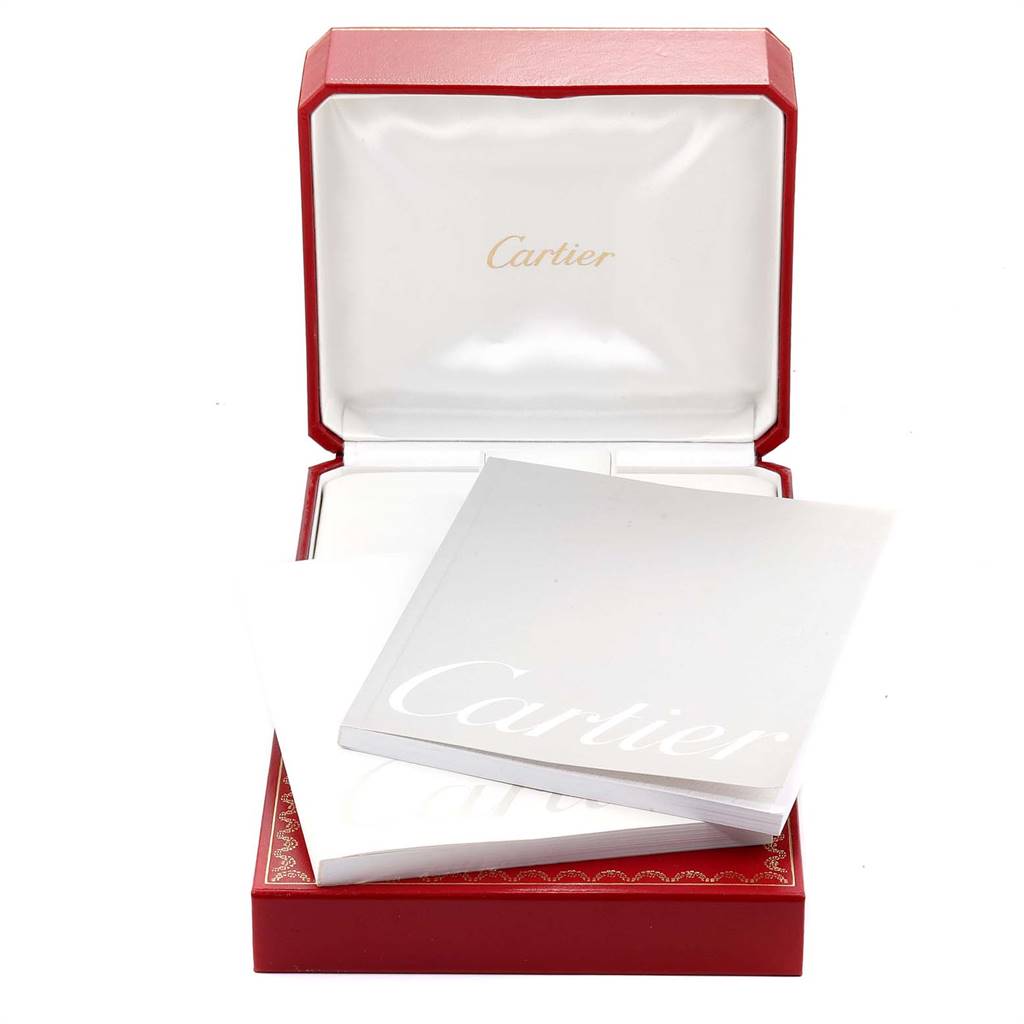 The image shows a Cartier Roadster W62048V3 Men's Stainless Steel Blue Dial W62048V3 Men's Stainless Steel Blue Dial watch box, opened and empty, with Cartier-branded booklets and paperwork.