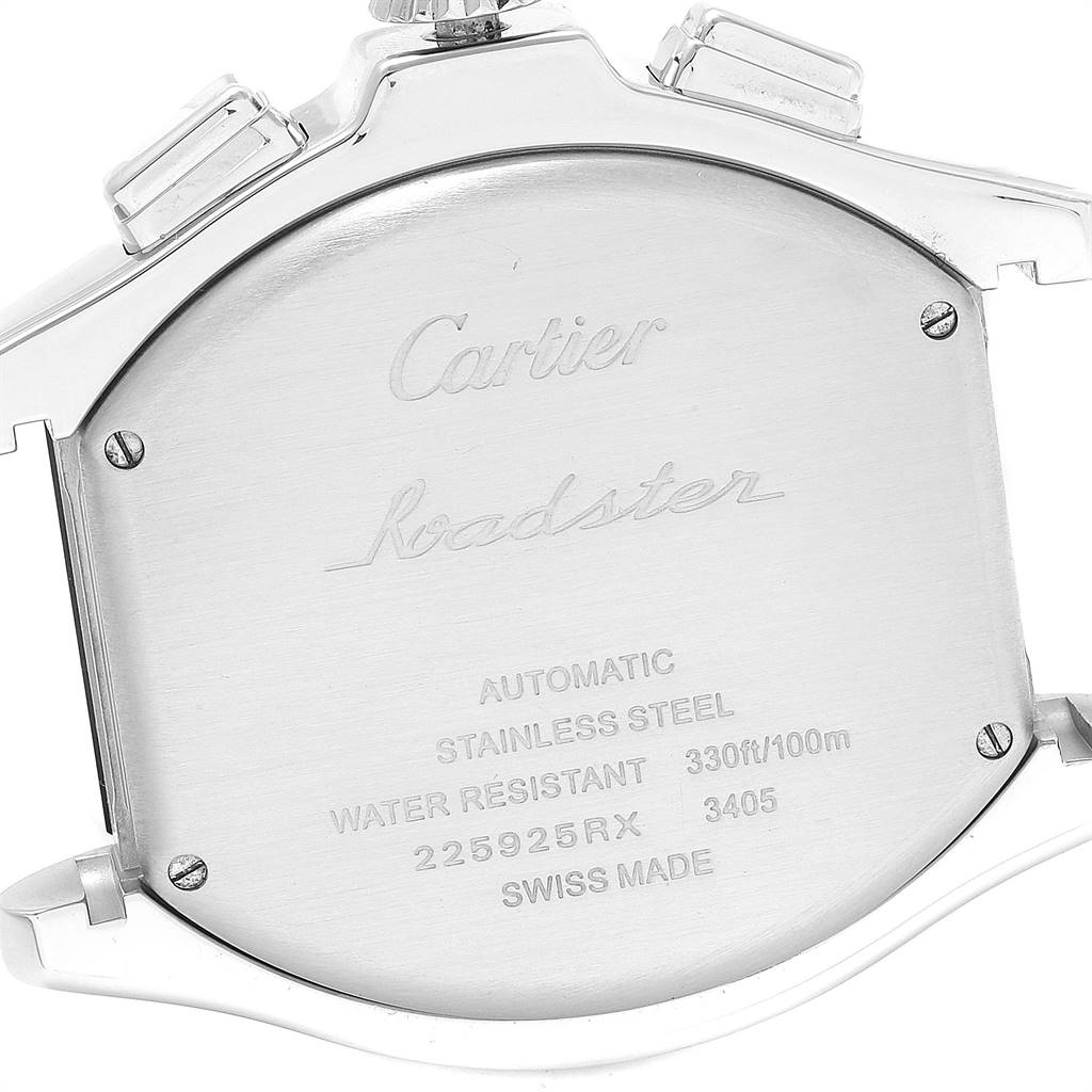The image shows the back case of a Cartier Roadster W6206020 Men
s Stainless Steel Silver Dial W6206020 Men
s Stainless Steel Silver Dial watch, displaying brand engravings and specifications.