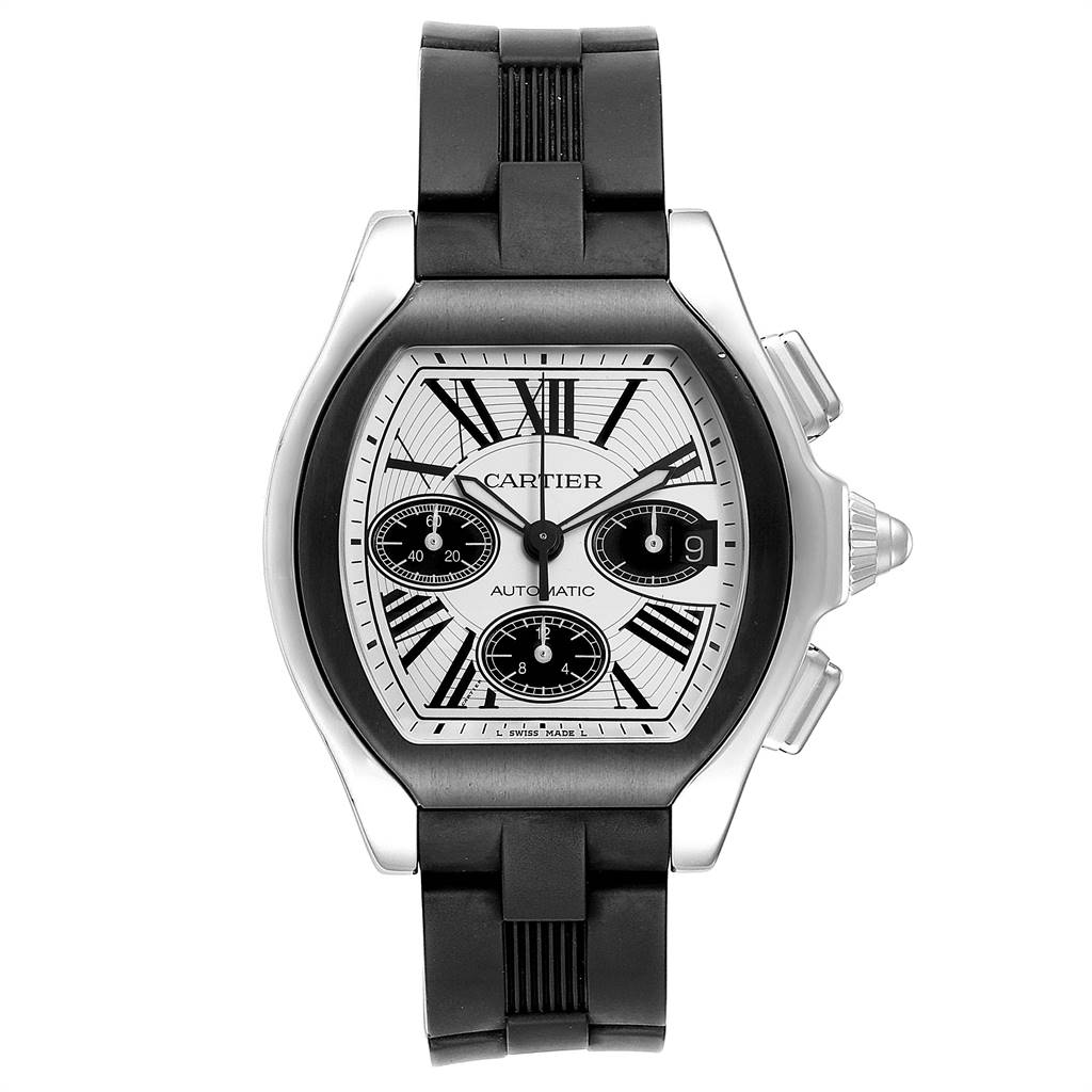 The image shows a Cartier Roadster W6206020 Men
s Stainless Steel Silver Dial W6206020 Men
s Stainless Steel Silver Dial watch from a front angle, highlighting the dial, strap, and side buttons.