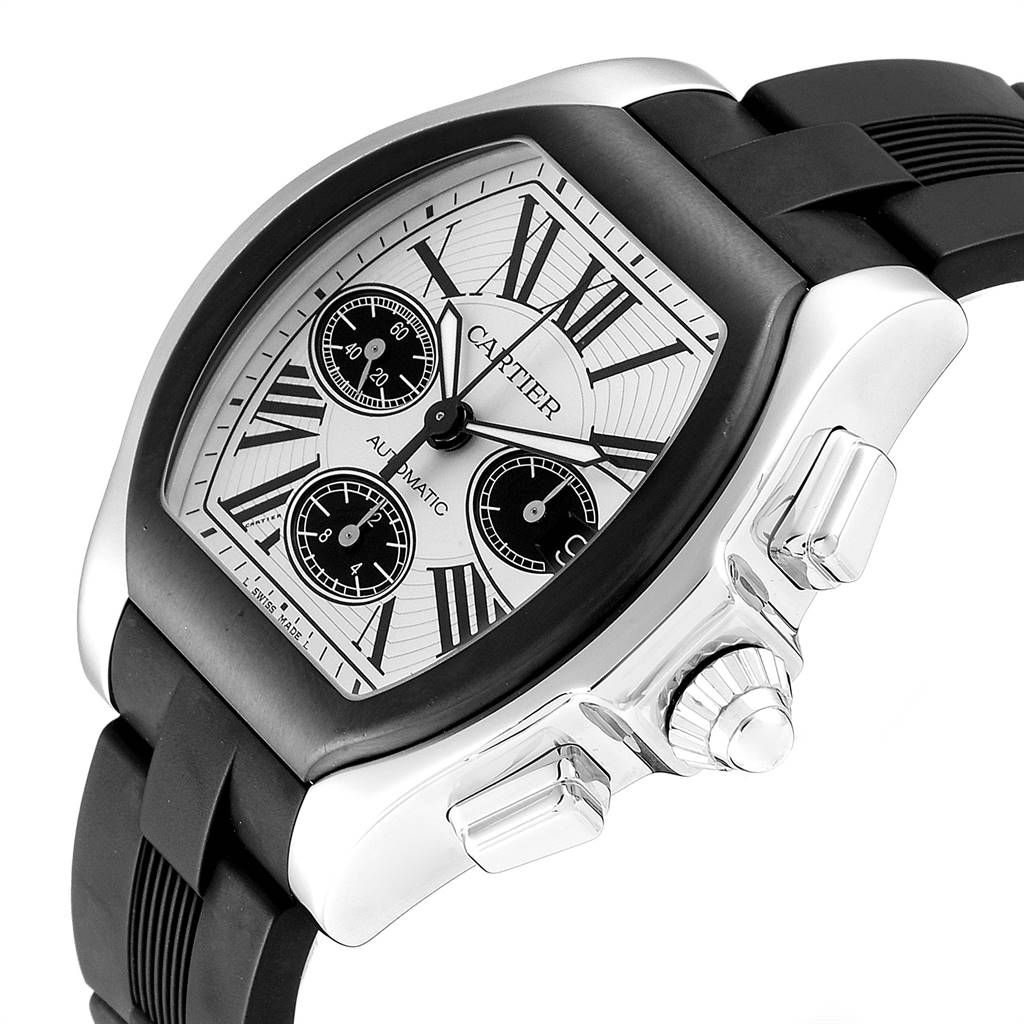 This image shows a Cartier Roadster W6206020 Men
s Stainless Steel Silver Dial W6206020 Men
s Stainless Steel Silver Dial watch from a front angle, highlighting the face, bezel, crown, and strap.