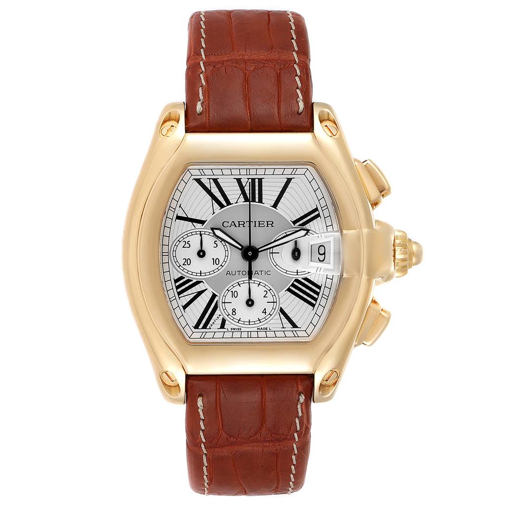 The image shows a frontal view of the Cartier Roadster W62021Y3 Men's Yellow Gold Silver Dial W62021Y3 Men's Yellow Gold Silver Dial watch, showcasing the dial, bezel, crown, and leather strap.