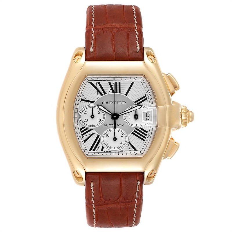 Cartier Roadster Brown Strap Yellow Gold Chronograph Mens Watch