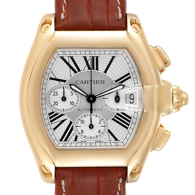 Cartier Roadster Brown Strap Yellow Gold Chronograph Mens Watch W62021Y3 SwissWatchExpo