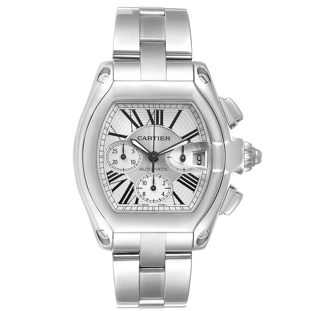 The image shows a front view of the Cartier Roadster W62019X6 Men
s Stainless Steel Silver Dial W62019X6 Men
s Stainless Steel Silver Dial watch, highlighting its dial, case, and bracelet.