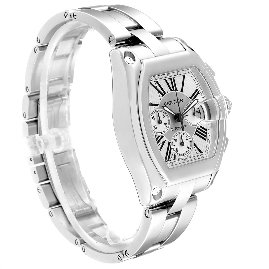 This Cartier Roadster W62019X6 Men
s Stainless Steel Silver Dial W62019X6 Men
s Stainless Steel Silver Dial watch is shown from a front-side angle, highlighting its face, bracelet, and crown.