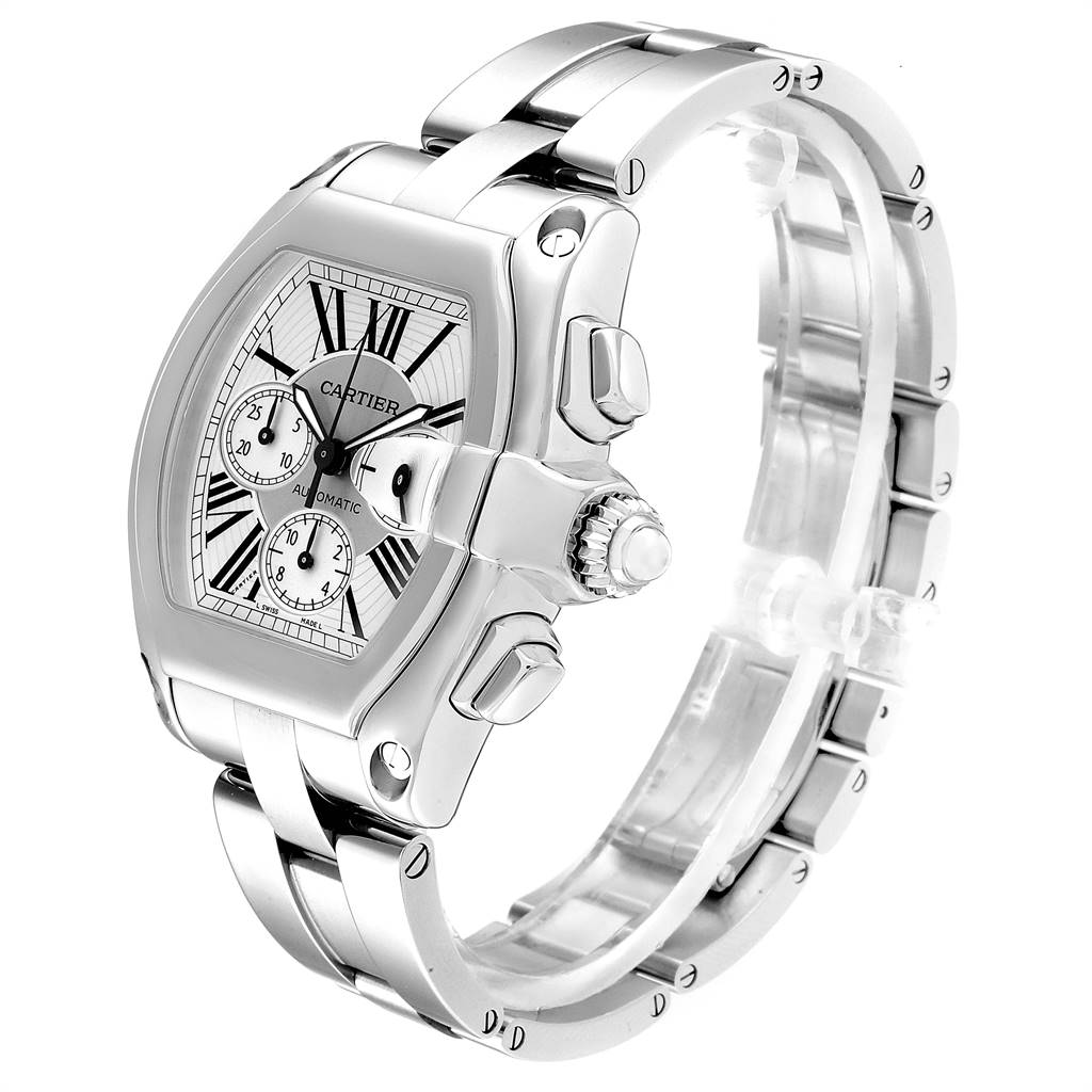 The Cartier Roadster W62019X6 Men
s Stainless Steel Silver Dial W62019X6 Men
s Stainless Steel Silver Dial watch is shown from a three-quarter angle, displaying the face, crown, pushers, and part of the bracelet.