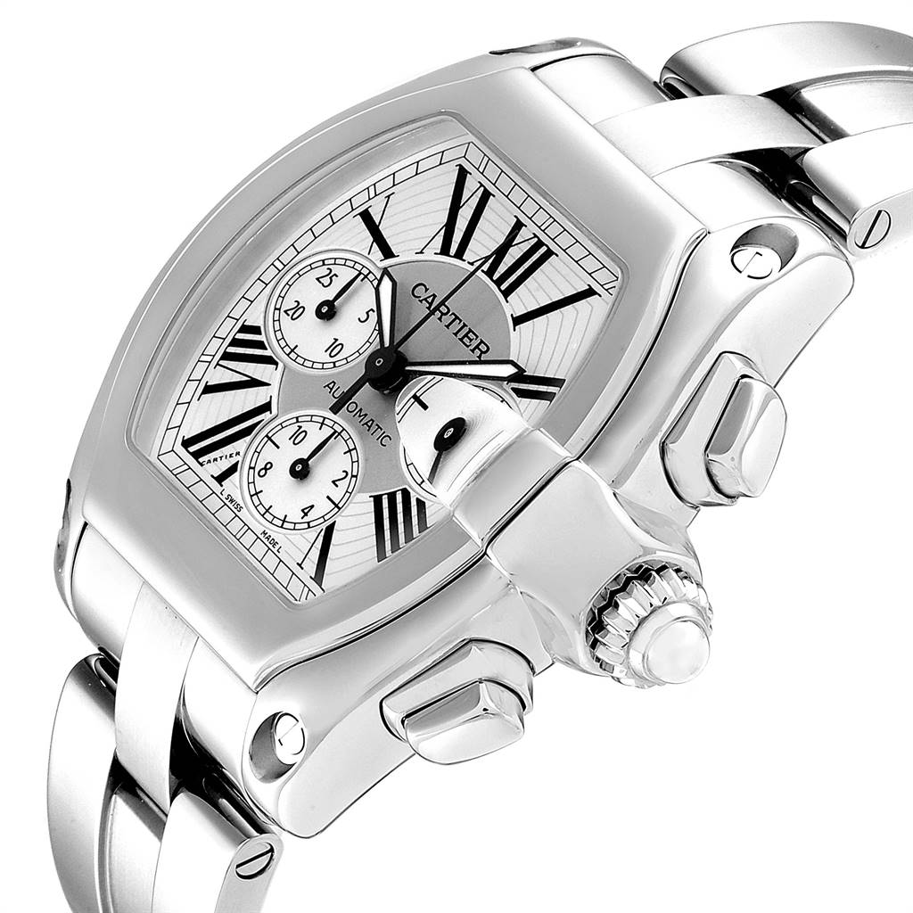 The image shows a close-up of the Cartier Roadster W62019X6 Men
s Stainless Steel Silver Dial W62019X6 Men
s Stainless Steel Silver Dial watch, highlighting its face, chronograph dials, and part of the bracelet.