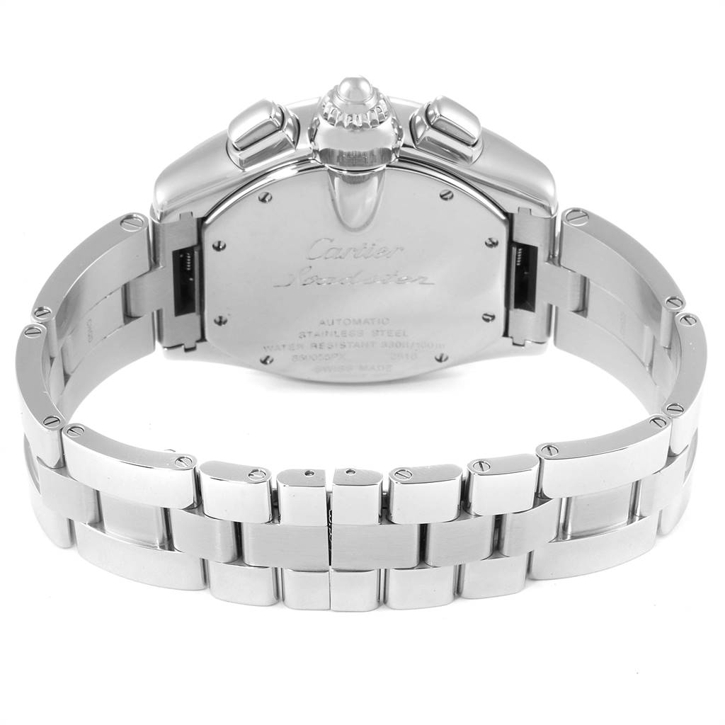 This image shows the back, crown, and bracelet of the Cartier Roadster W62019X6 Men
s Stainless Steel Silver Dial W62019X6 Men
s Stainless Steel Silver Dial watch.