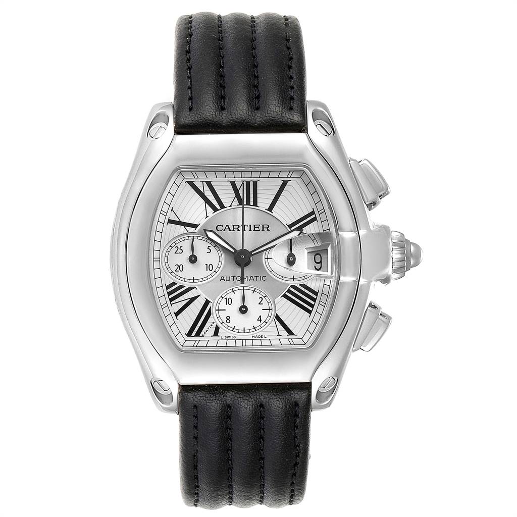 The Cartier Roadster W62019X6 Men
s Stainless Steel Silver Dial W62019X6 Men
s Stainless Steel Silver Dial watch is shown from a front angle, displaying its face, bezel, and leather strap.