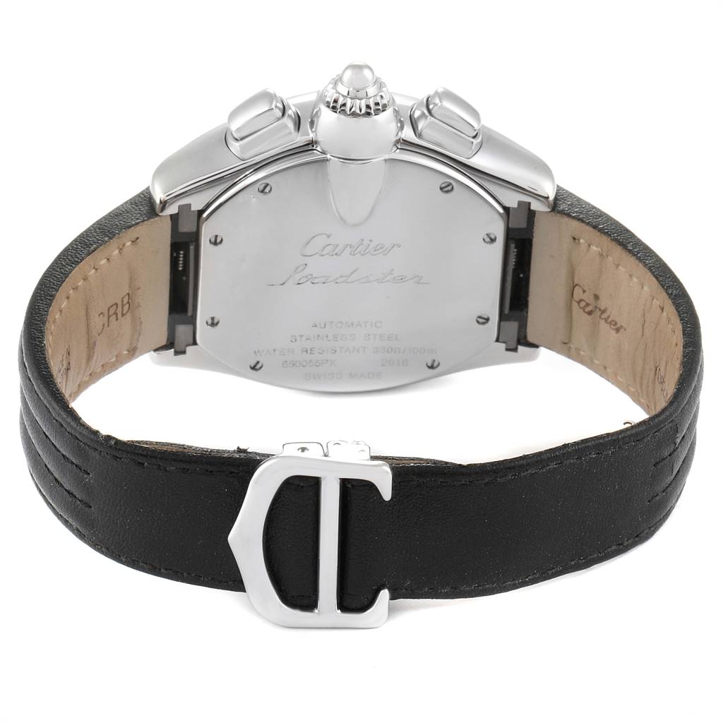 This image shows the back and strap of the Cartier Roadster W62019X6 Men
s Stainless Steel Silver Dial W62019X6 Men
s Stainless Steel Silver Dial watch, highlighting its clasp and case details.