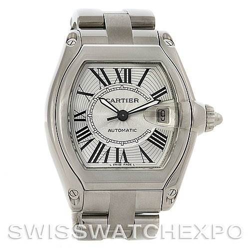 The image shows a front view of a Cartier Roadster W62025V3 Men's Stainless Steel Silver Dial W62025V3 Men's Stainless Steel Silver Dial model watch, displaying its face, bezel, and part of the metal bracelet.