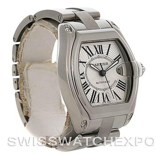 The image shows a Cartier Roadster W62025V3 Men's Stainless Steel Silver Dial W62025V3 Men's Stainless Steel Silver Dial watch at a slight angle, displaying its face, bezel, crown, and partial bracelet.