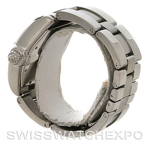 This image shows a side view of the Cartier Roadster W62025V3 Men's Stainless Steel Silver Dial W62025V3 Men's Stainless Steel Silver Dial watch, highlighting the metal bracelet and the crown guard.