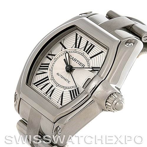 The image shows the dial and side profile of a Cartier Roadster W62025V3 Men's Stainless Steel Silver Dial W62025V3 Men's Stainless Steel Silver Dial watch, highlighting its crown and bracelet.