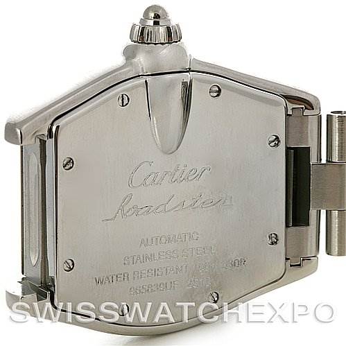 The image shows the back case and crown of a Cartier Roadster W62025V3 Men's Stainless Steel Silver Dial W62025V3 Men's Stainless Steel Silver Dial watch at an angled view.