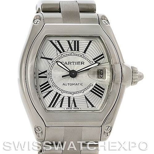 This image shows a frontal view of a Cartier Roadster W62025V3 Men's Stainless Steel Silver Dial W62025V3 Men's Stainless Steel Silver Dial watch, detailing the dial, crown, and bracelet.