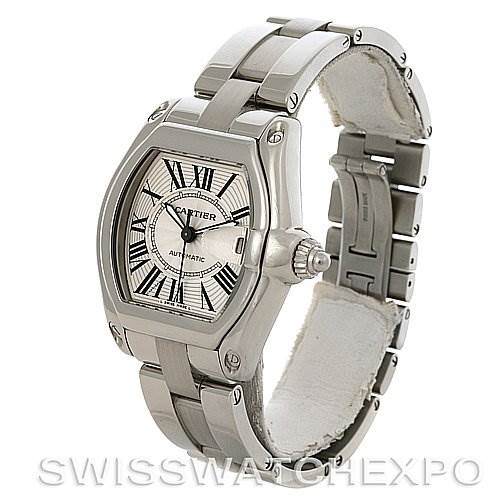 This image shows a Cartier Roadster W62025V3 Men's Stainless Steel Silver Dial W62025V3 Men's Stainless Steel Silver Dial watch from an angled side view, revealing the face, crown, and metal bracelet.