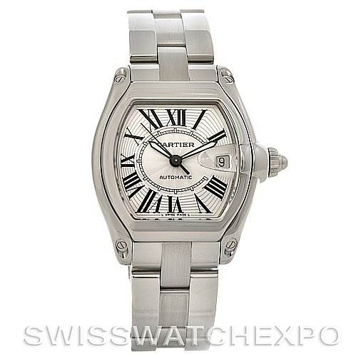 This image shows a front angle of the Cartier Roadster W62025V3 Men's Stainless Steel Silver Dial W62025V3 Men's Stainless Steel Silver Dial watch, highlighting its face, dial, and stainless steel bracelet.