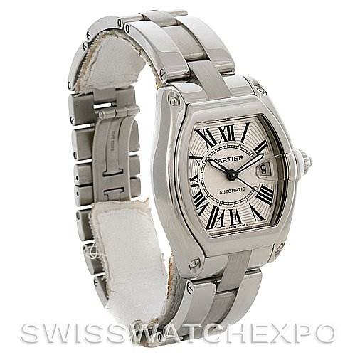 This image shows a Cartier Roadster W62025V3 Men's Stainless Steel Silver Dial W62025V3 Men's Stainless Steel Silver Dial watch at a three-quarter angle, displaying the face, bezel, and part of the stainless steel bracelet.