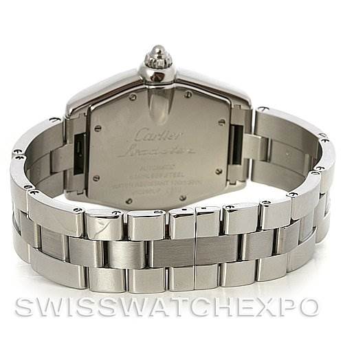 This image shows the back case and bracelet of a Cartier Roadster W62025V3 Men's Stainless Steel Silver Dial W62025V3 Men's Stainless Steel Silver Dial watch from a rear angle.