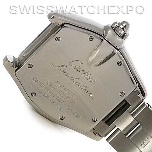 This image shows the back casing and part of the bracelet of a Cartier Roadster W62025V3 Men's Stainless Steel Silver Dial W62025V3 Men's Stainless Steel Silver Dial watch at an angle, displaying the engraved details.