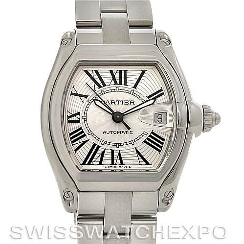 The image shows a Cartier Roadster W62025V3 Men's Stainless Steel Silver Dial W62025V3 Men's Stainless Steel Silver Dial watch from the front, displaying its dial, bezel, crown, and bracelet.