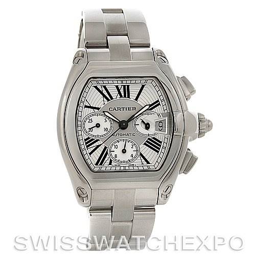 The Cartier Roadster W62019X6 Men's Stainless Steel Silver Dial W62019X6 Men's Stainless Steel Silver Dial model watch is shown from a front angle featuring its face, dial, crown, and bracelet.