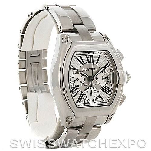 The image shows a Cartier Roadster W62019X6 Men's Stainless Steel Silver Dial W62019X6 Men's Stainless Steel Silver Dial watch from a three-quarter angle, highlighting the face, bezel, crown, and stainless steel bracelet.