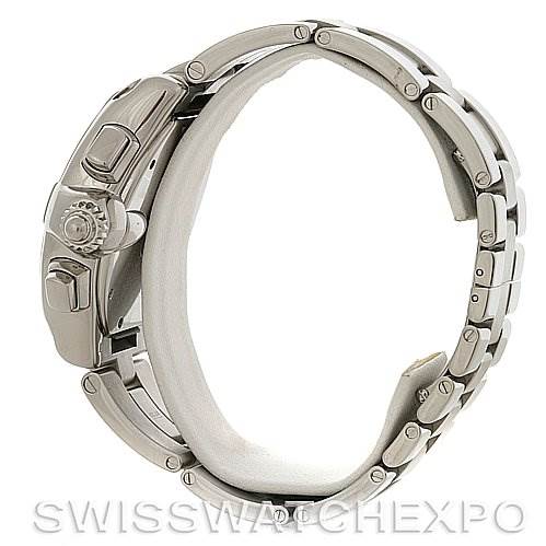 Side view of a Cartier Roadster W62019X6 Men's Stainless Steel Silver Dial W62019X6 Men's Stainless Steel Silver Dial watch showing the crown, pushers, and part of the metal bracelet.