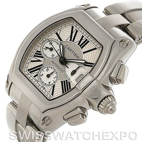 This image shows a Cartier Roadster W62019X6 Men's Stainless Steel Silver Dial W62019X6 Men's Stainless Steel Silver Dial watch at a three-quarter angle displaying the dial, crown, pushers, and part of the bracelet.