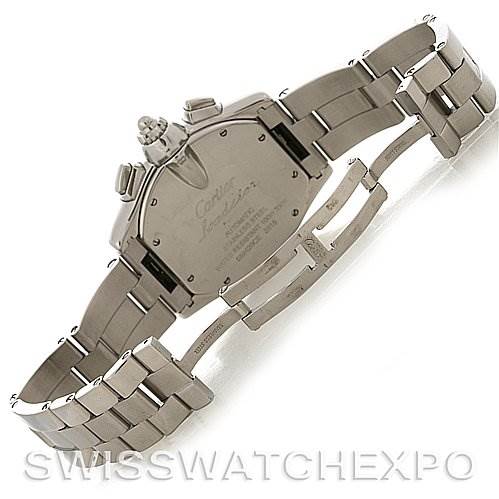 The image shows the back and bracelet of the Cartier Roadster W62019X6 Men's Stainless Steel Silver Dial W62019X6 Men's Stainless Steel Silver Dial watch at an angle highlighting the back case and metal links.