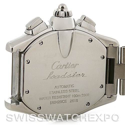 This image shows the back case of the Cartier Roadster W62019X6 Men's Stainless Steel Silver Dial W62019X6 Men's Stainless Steel Silver Dial watch, highlighting its stainless steel build and specifications.