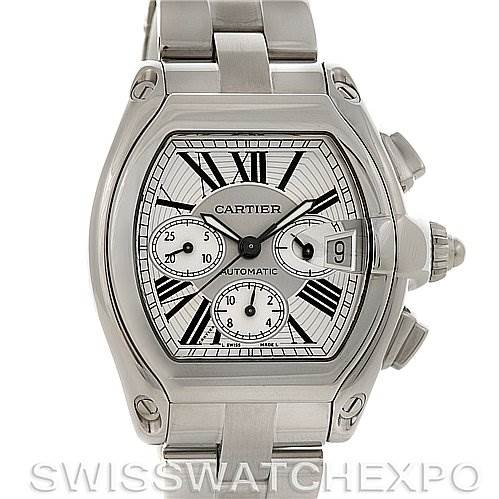 The image shows a front view of the Cartier Roadster W62019X6 Men's Stainless Steel Silver Dial W62019X6 Men's Stainless Steel Silver Dial watch, displaying its face, stainless steel band, and side chronograph buttons.