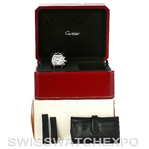 The image shows a Cartier Roadster W62019X6 Men's Stainless Steel Silver Dial W62019X6 Men's Stainless Steel Silver Dial watch, with its box, extra straps, and a leather pouch, viewed from the front.