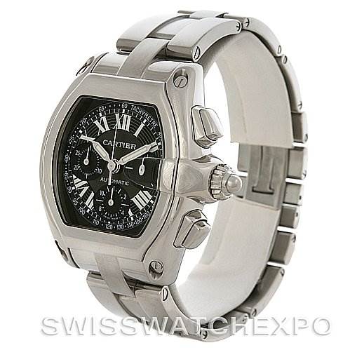This image shows a Cartier Roadster W62020X6 Men's Stainless Steel Black Dial W62020X6 Men's Stainless Steel Black Dial watch at a three-quarter angle, displaying the face, crown, and part of the bracelet.