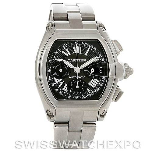 The image shows a frontal view of the Cartier Roadster W62020X6 Men's Stainless Steel Black Dial W62020X6 Men's Stainless Steel Black Dial watch, highlighting its dial, bezel, case, and metal bracelet.