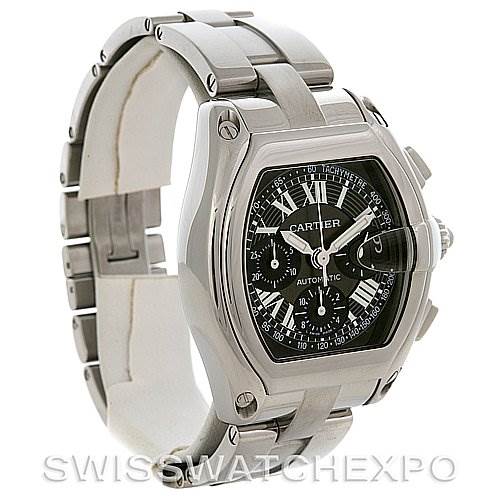 The image shows a Cartier Roadster W62020X6 Men's Stainless Steel Black Dial W62020X6 Men's Stainless Steel Black Dial watch at a slight angle, highlighting the face, bezel, and stainless steel bracelet.