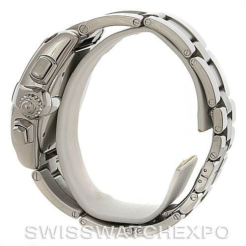 This side view image of a Cartier Roadster W62020X6 Men's Stainless Steel Black Dial W62020X6 Men's Stainless Steel Black Dial watch shows its crown, pushers, and metal bracelet.