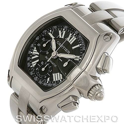 The image shows a Cartier Roadster W62020X6 Men's Stainless Steel Black Dial W62020X6 Men's Stainless Steel Black Dial watch at a three-quarter angle, highlighting the black dial, chronograph subdials, and metallic strap.