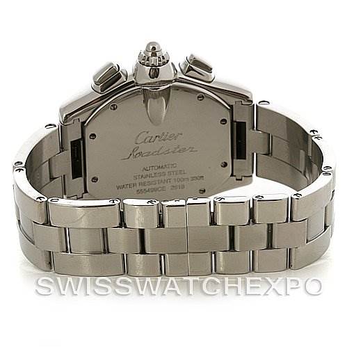 This image shows the back view of a Cartier Roadster W62020X6 Men's Stainless Steel Black Dial W62020X6 Men's Stainless Steel Black Dial watch, featuring its stainless steel case and bracelet.