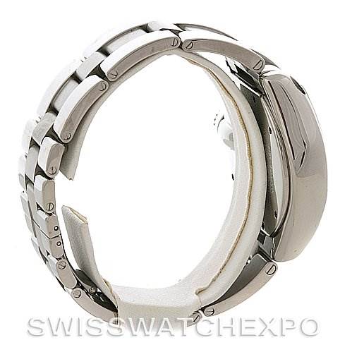 The Cartier Roadster W62020X6 Men's Stainless Steel Black Dial W62020X6 Men's Stainless Steel Black Dial model watch is shown from a side angle, highlighting its metal bracelet and clasp.