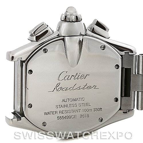 The image shows the back view of a Cartier Roadster W62020X6 Men's Stainless Steel Black Dial W62020X6 Men's Stainless Steel Black Dial watch, highlighting its case back engraving and stainless steel bracelet attachment.