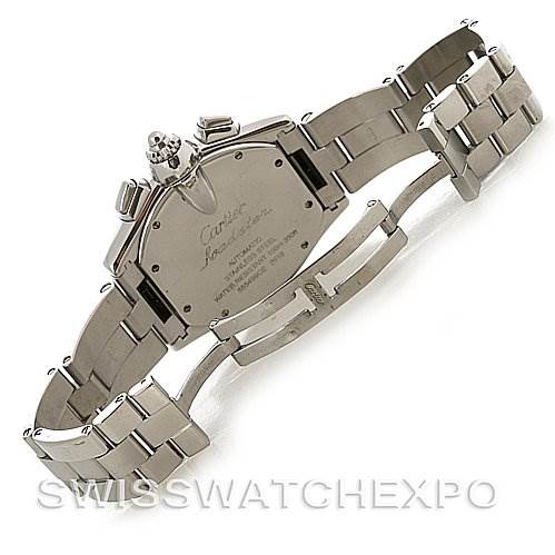 This image shows the back view of a Cartier Roadster W62020X6 Men's Stainless Steel Black Dial W62020X6 Men's Stainless Steel Black Dial watch, highlighting its case back and metal bracelet.