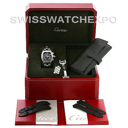The image shows a Cartier Roadster W62020X6 Men's Stainless Steel Black Dial W62020X6 Men's Stainless Steel Black Dial watch with its case, extra links, a tool, and leather accessories, all displayed in a red Cartier box.