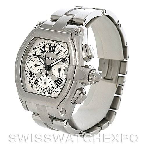 This image shows a Cartier Roadster W62019X6 Men's Stainless Steel Silver Dial W62019X6 Men's Stainless Steel Silver Dial watch angled to display the watch face, crown, and part of the bracelet.