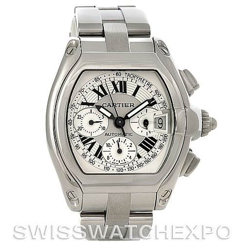 The image shows a front view of the Cartier Roadster W62019X6 Men's Stainless Steel Silver Dial W62019X6 Men's Stainless Steel Silver Dial watch, displaying its dial, bezel, crown, and stainless steel bracelet.