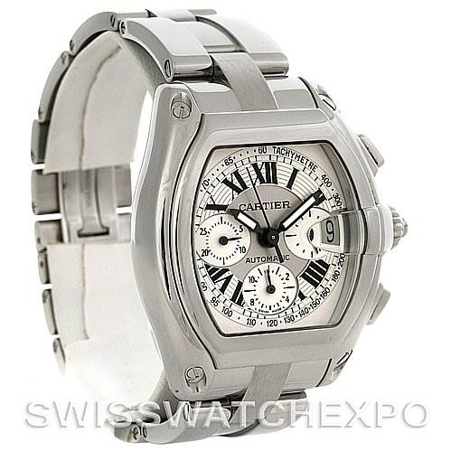 The image shows a Cartier Roadster W62019X6 Men's Stainless Steel Silver Dial W62019X6 Men's Stainless Steel Silver Dial watch from a three-quarter angle, highlighting the face, bezel, and part of the bracelet.